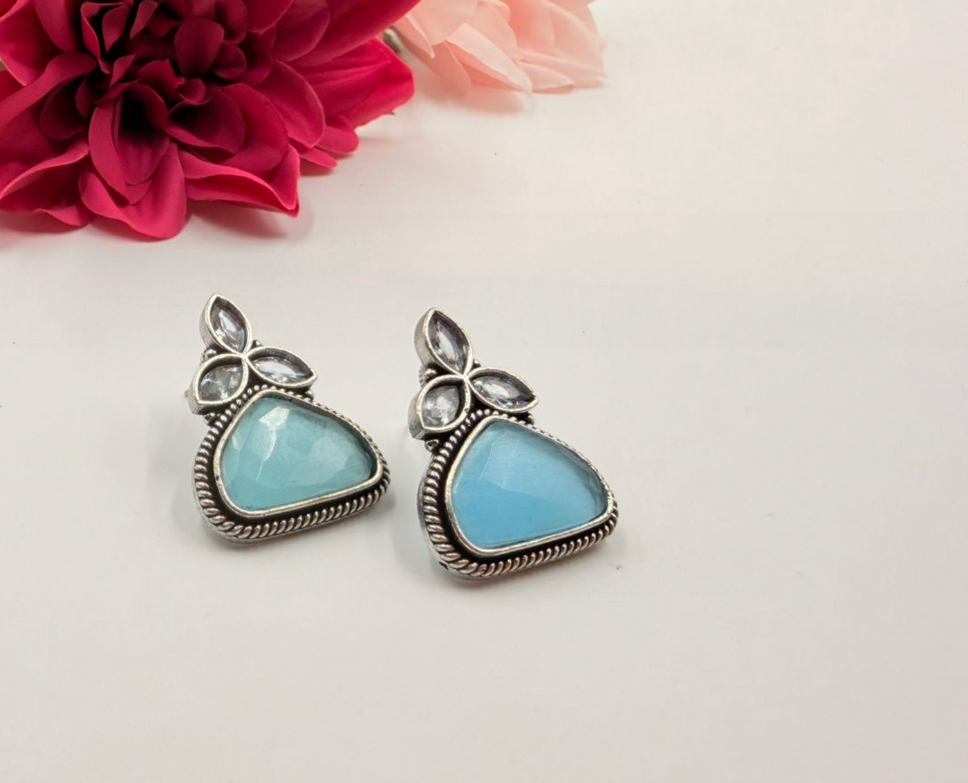 Crystal Floral Oxidised Stud Earrings – Sky Blue & Mint Green