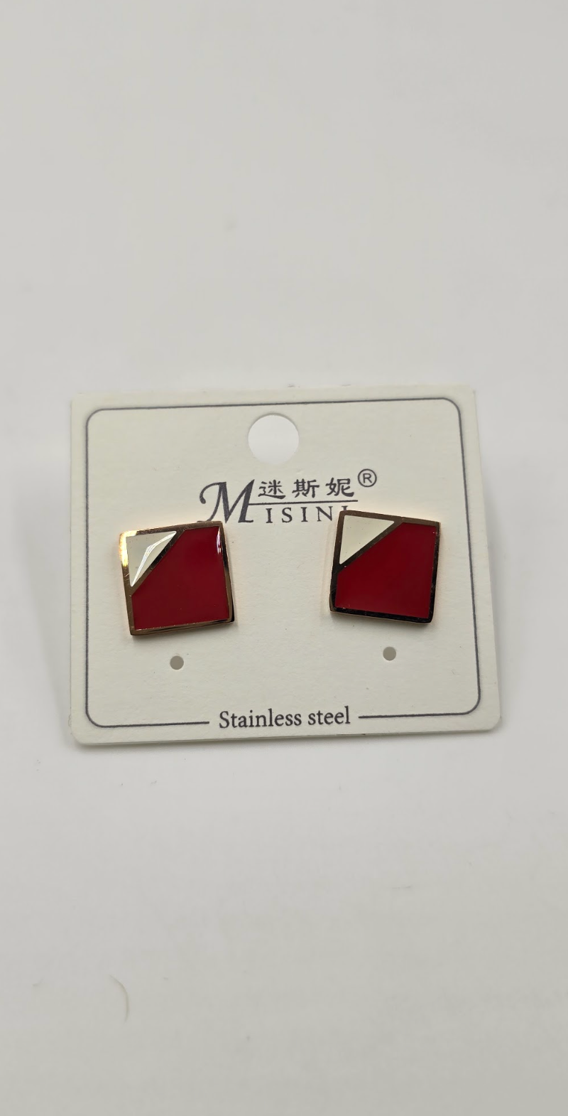 Geometric Red & White Enamel Stud Earrings