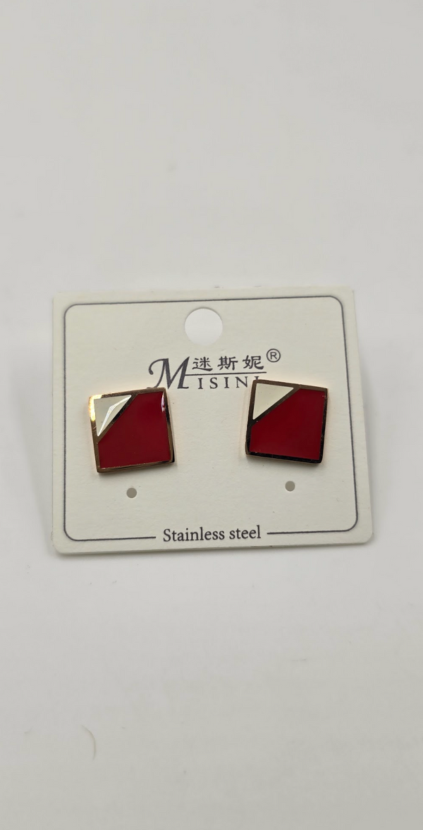 Geometric Red & White Enamel Stud Earrings