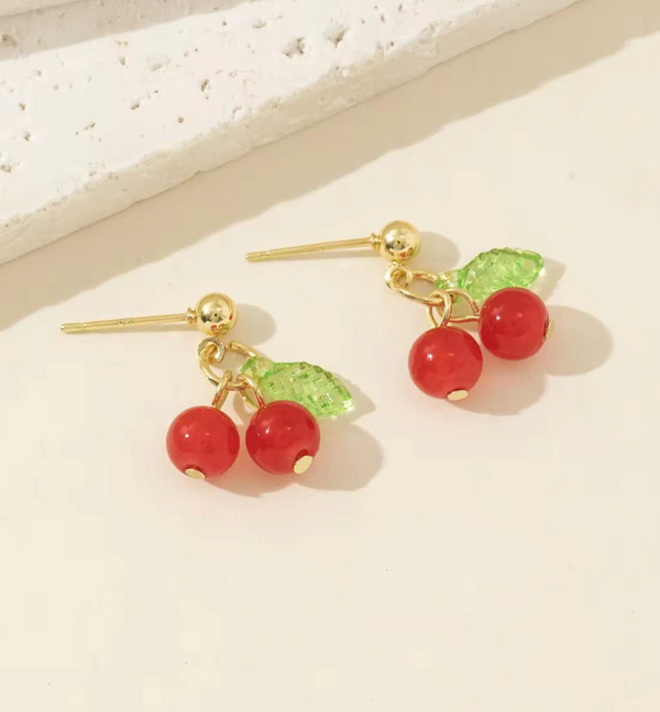 Cute Cherry Drop Stud Earrings | Gold-Plated Fruit Earrings for Women & Girls