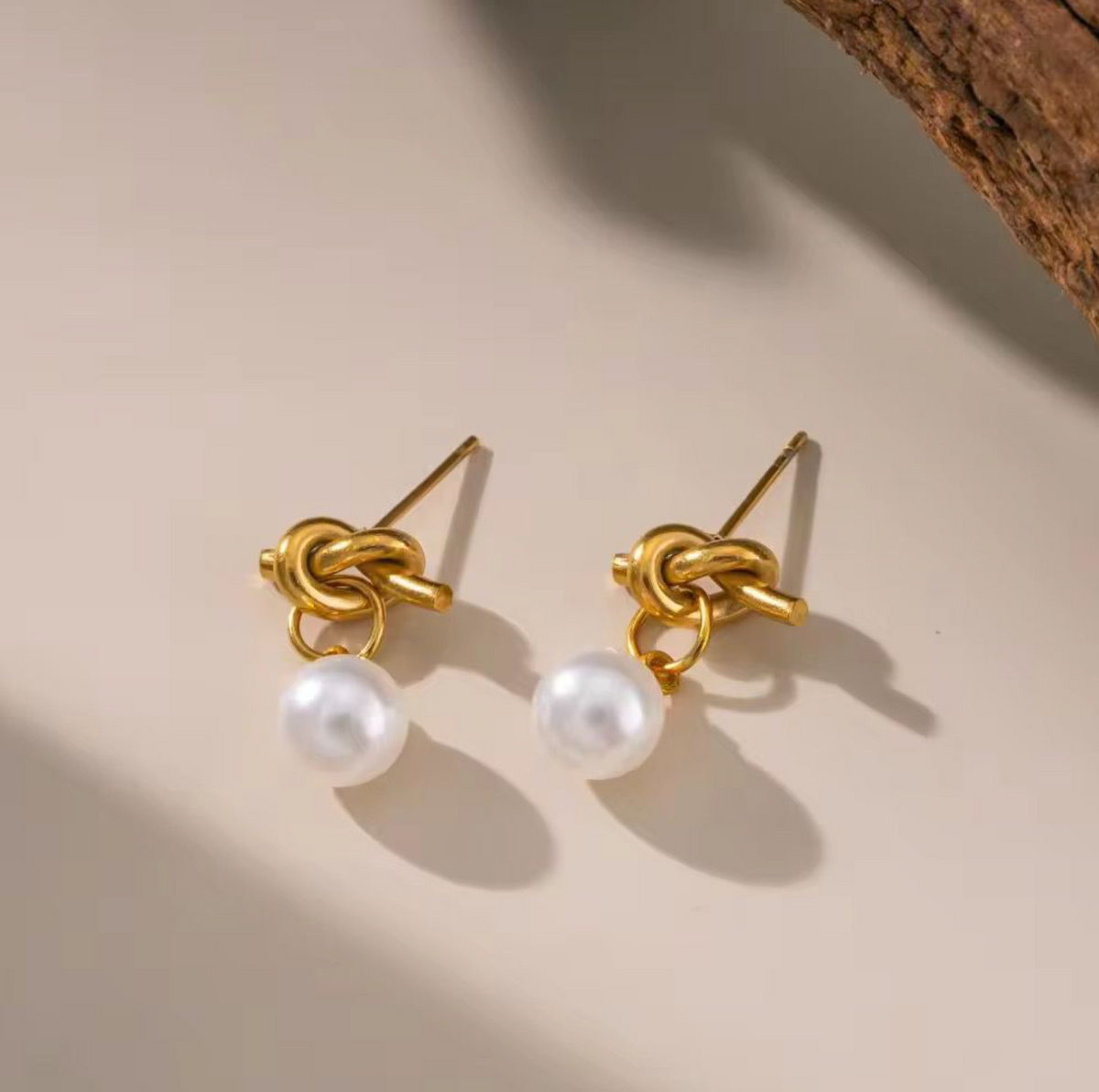 Gold Knot Pearl Drop Stud Earrings | Elegant Minimalist Earrings for Women