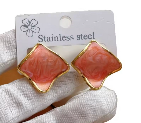 Peach Marble Geometric Stud Earrings | Gold-Plated Statement Earrings for Women
