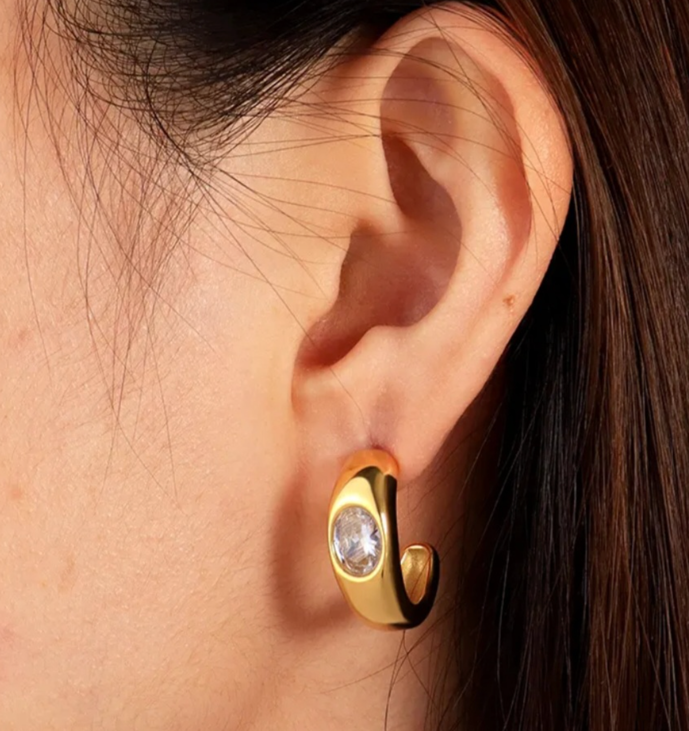 Gold Oval Crystal Hoop Earrings | Modern Chunky Huggie Earrings for Women