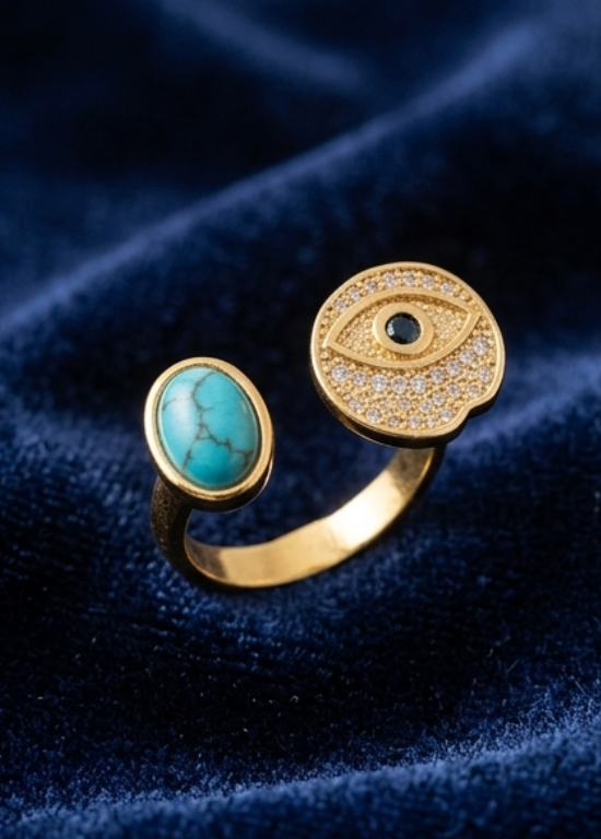 Adjustable Evil Eye Turquoise Ring | Gold-Plated Protective Statement Ring for Women