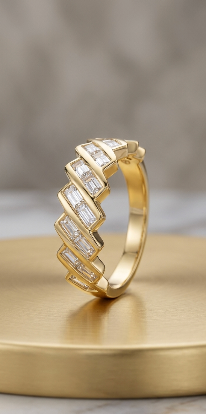 Gold Zigzag Crystal Ring | Baguette CZ Statement Ring for Women