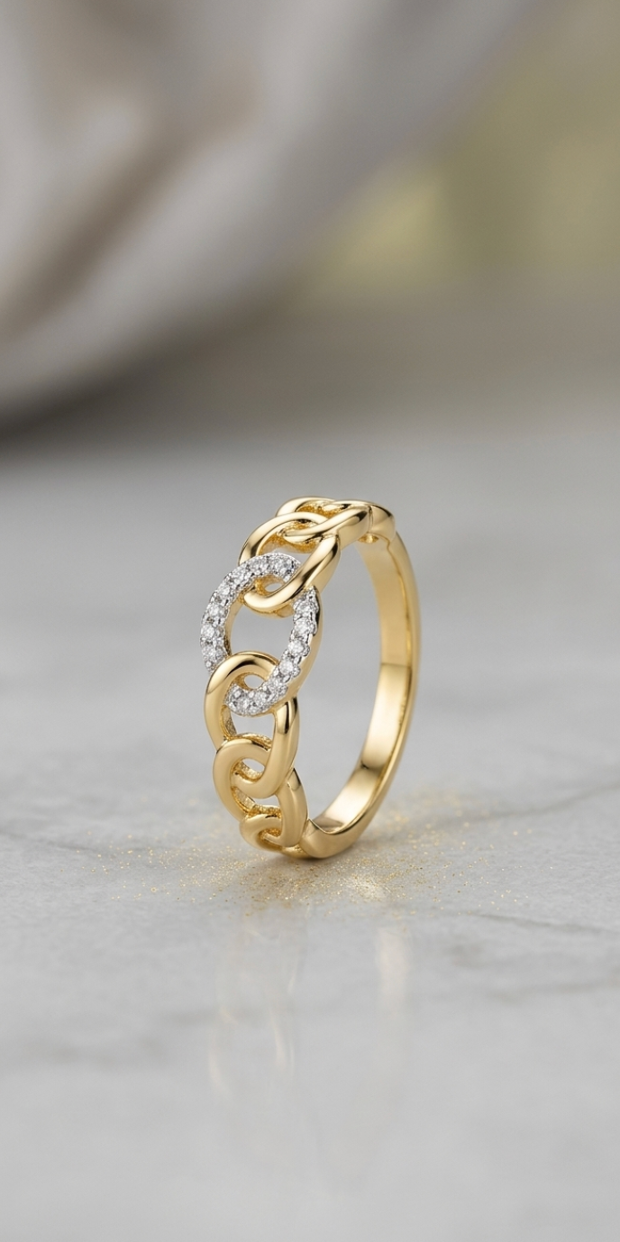 Gold Interlocking Chain Ring | Crystal Link Statement Ring for Women