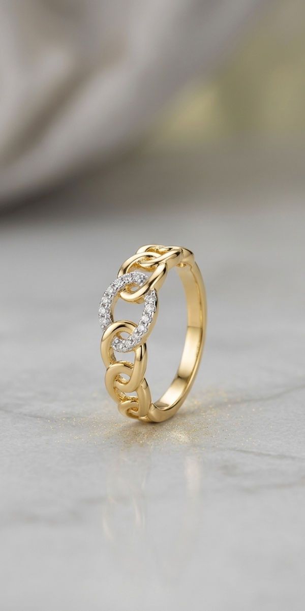Gold Interlocking Chain Ring | Crystal Link Statement Ring for Women