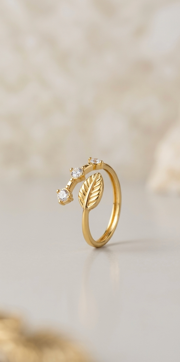 Gold Leaf Crystal Ring | Nature-Inspired Adjustable Ring for Women