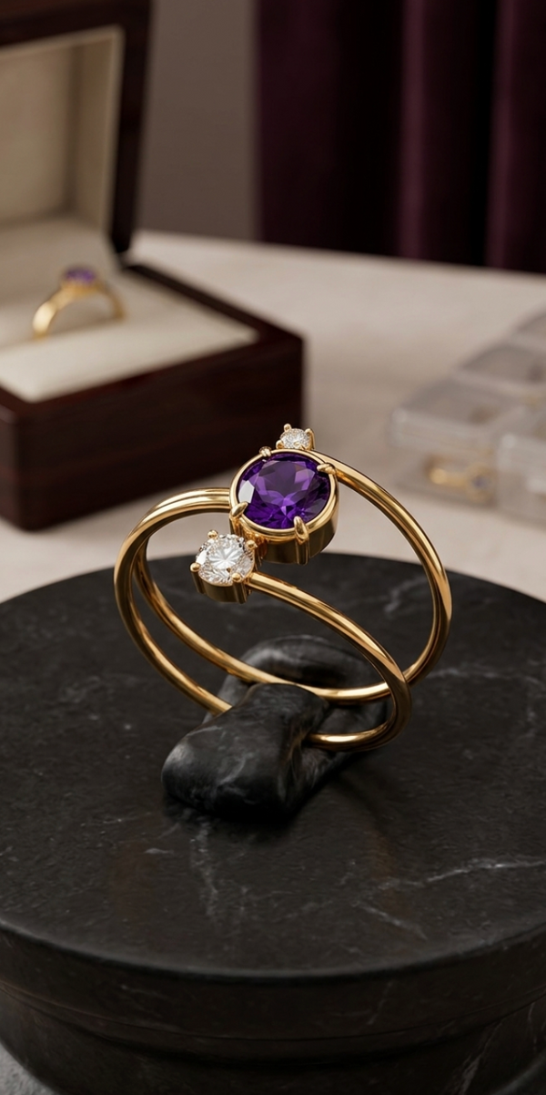 Gold Amethyst Crystal Open Ring | Adjustable Double Band Statement Ring for Women