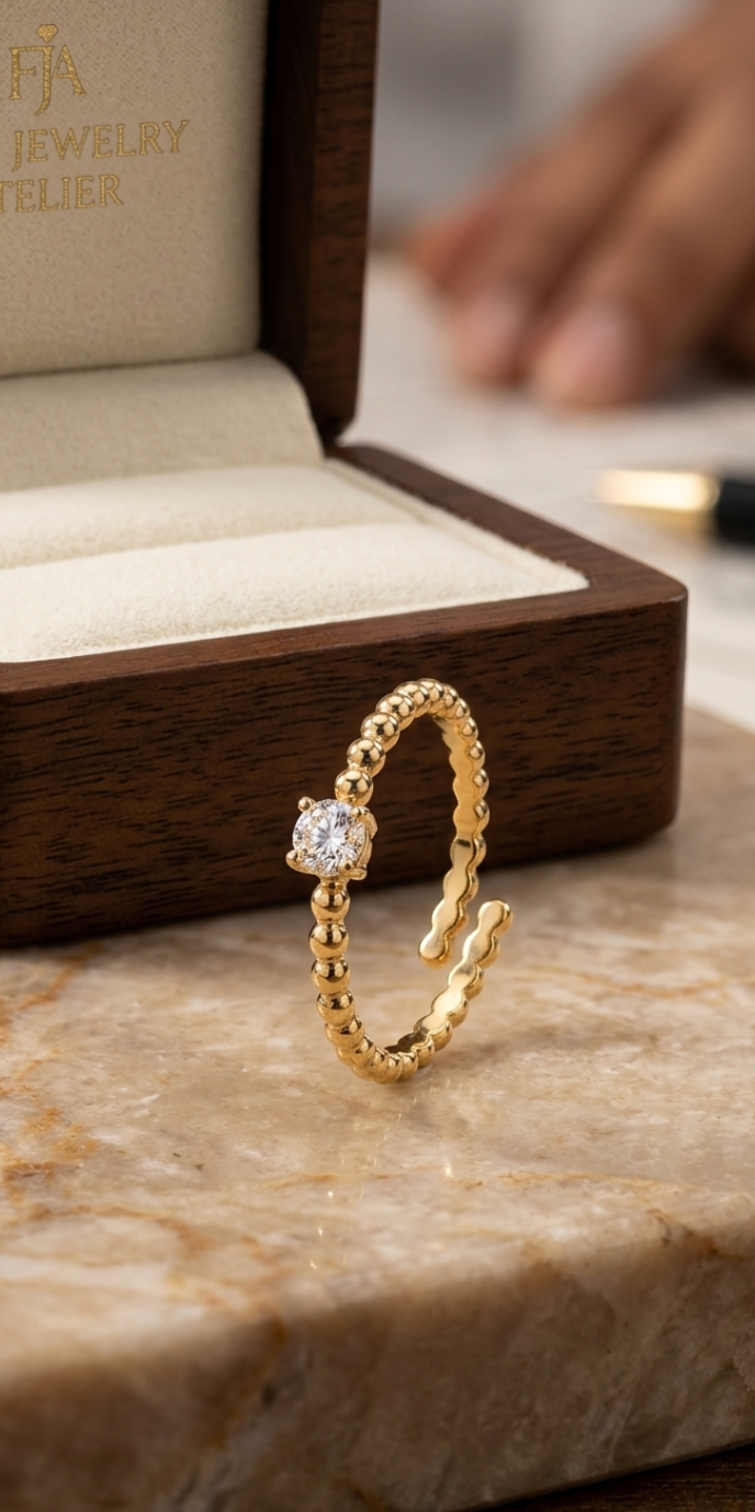 Gold Beaded Solitaire Ring | Adjustable Crystal Open Ring for Women
