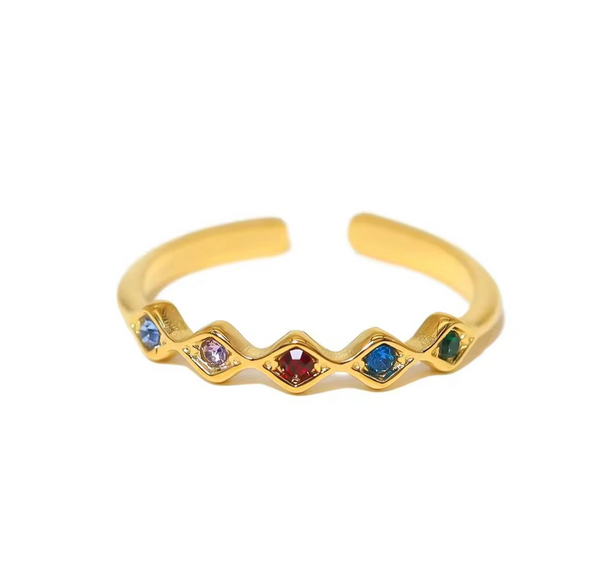 Rainbow Crystal Zigzag Adjustable Gold Ring | Minimalist Open Band Ring for Women