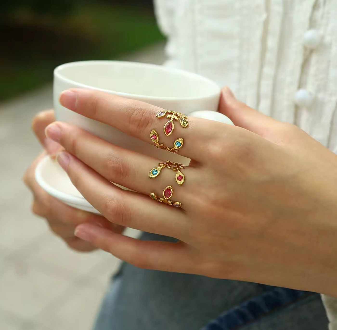 Nature-Inspired Adjustable Leaf Crystal Gold Ring | Colorful Open Wrap Ring for Women