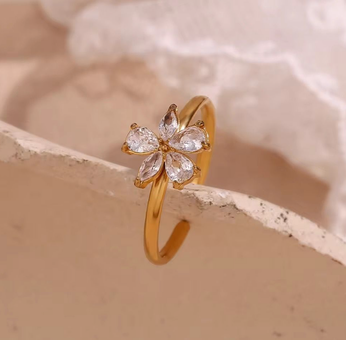 Cherry Blossom Crystal Adjustable Gold Ring | Floral Open Band Ring for Women