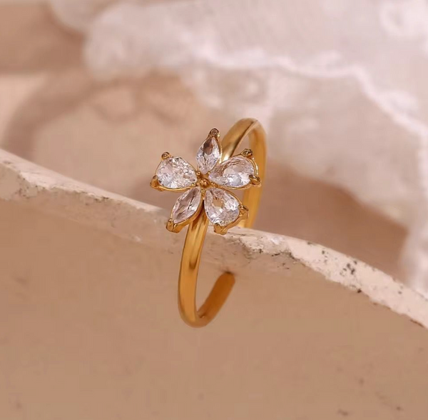 Cherry Blossom Crystal Adjustable Gold Ring | Floral Open Band Ring for Women