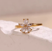 Cherry Blossom Crystal Adjustable Gold Ring | Floral Open Band Ring for Women