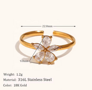 Cherry Blossom Crystal Adjustable Gold Ring | Floral Open Band Ring for Women