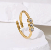 Minimalist Triple Crystal Adjustable Gold Ring | Dainty Open Band Ring for Women