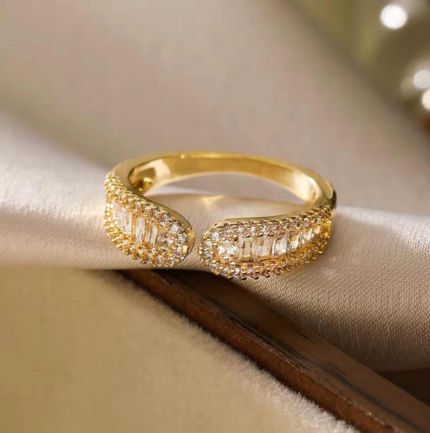 Luxury Double Halo Adjustable Gold Ring | Baguette CZ Open Band Ring for Women
