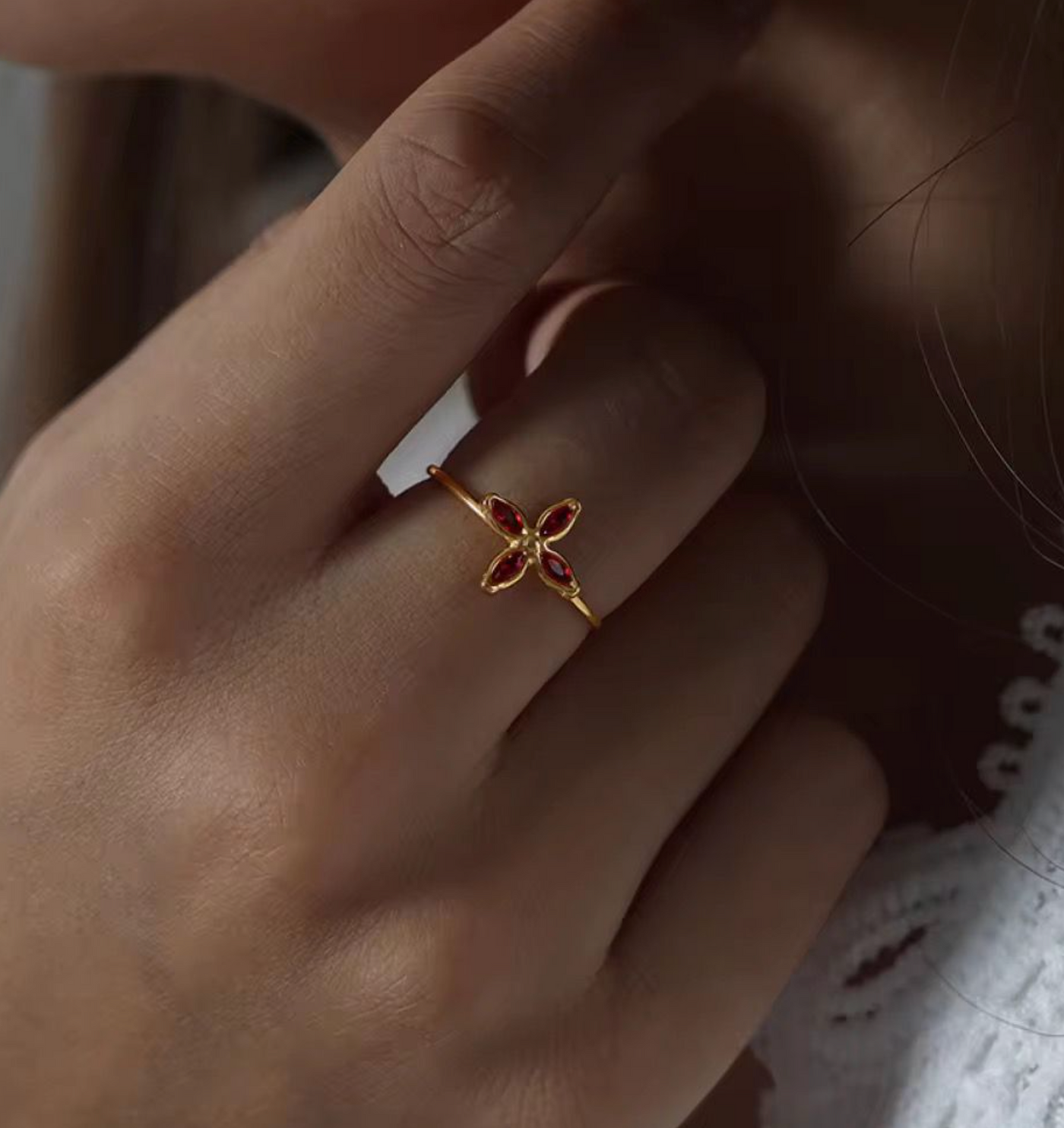 Ruby Bloom Adjustable Ring – 18K Gold Plated Stainless Steel Floral Ring | Red Marquise Crystal