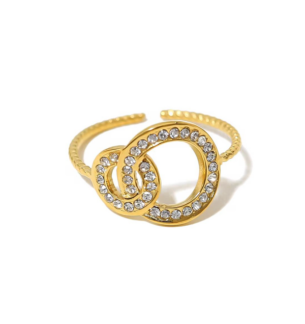 Celestial Double Circle Adjustable Ring – 18K Gold Plated Stainless Steel Open Ring | Pavé Cubic Zirconia