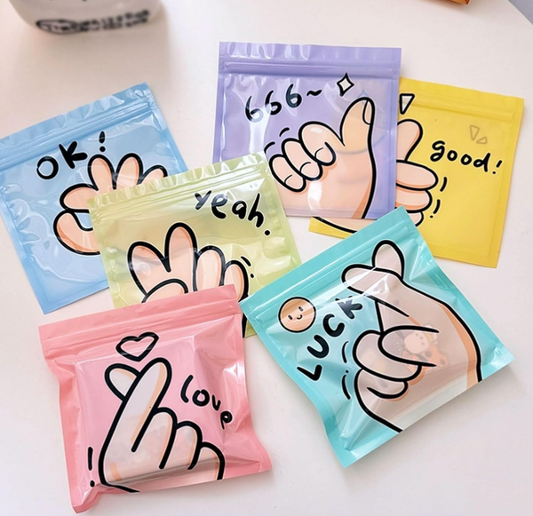 Kawaii Hand Gesture Zip Lock Pouches Set – Reusable Food Storage & Candy Gift Bags | Cute Cartoon Resealable Snack Bags | 5 Designs Assorted
