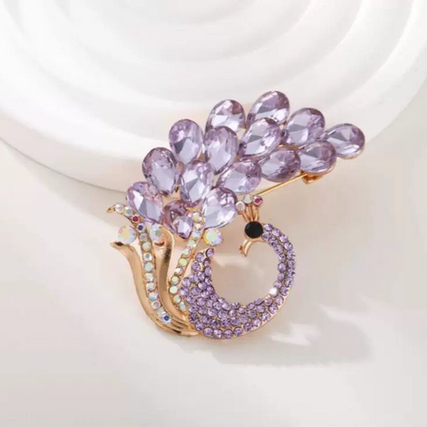Lavender Crystal Peacock Gold-Plated Brooch