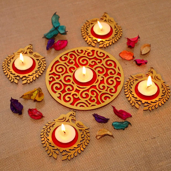 Wooden Readymade Circle Rangoli Set with Tea Light Holders – Decorative Diwali Home Décor & Festive Gift Set