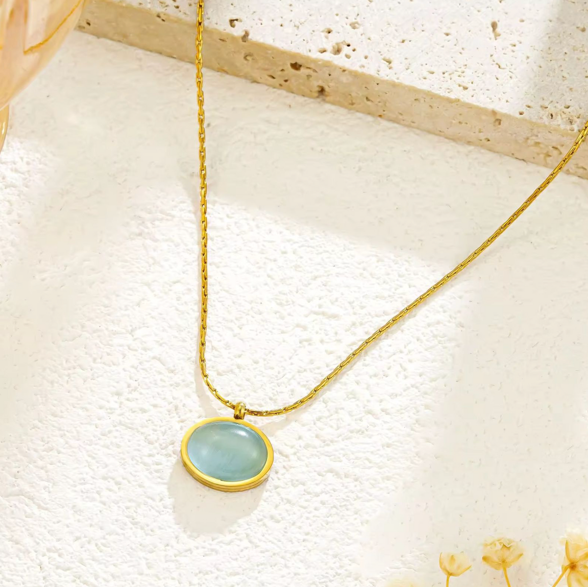 Aqua Blue Oval Stone Pendant Necklace