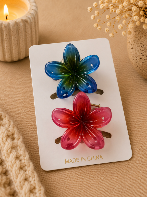 Blue & Red Flower Hair Clips – Set of 2