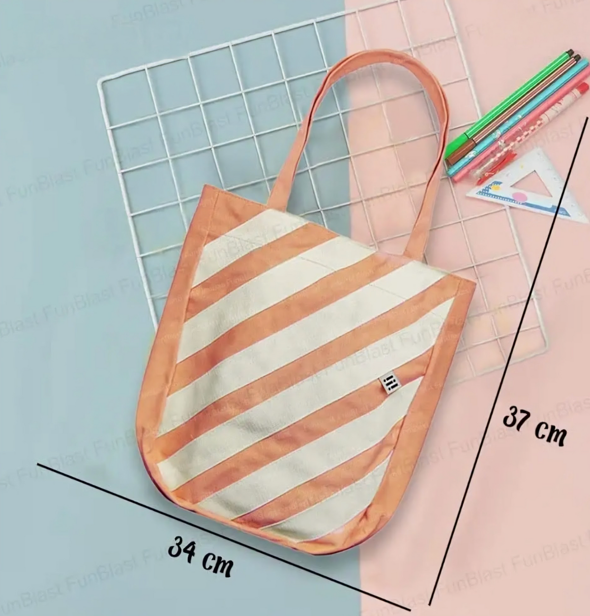Peach & Cream Striped Canvas Tote Bag