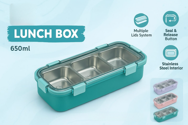 650ml 3-Compartment Stainless Steel Lunch Box