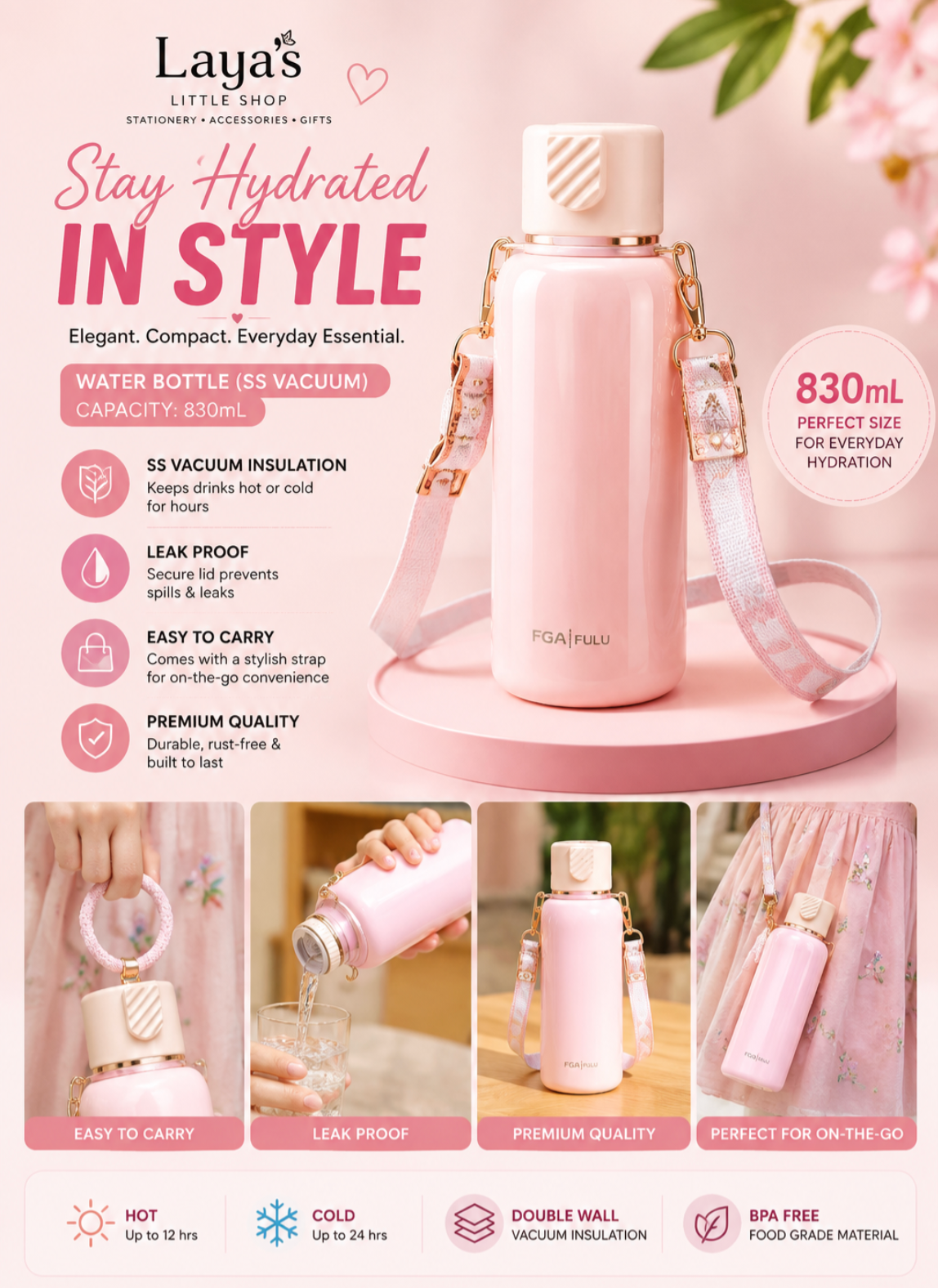 830ml Double-Wall Vacuum Insulated Stainless Steel Water Bottle