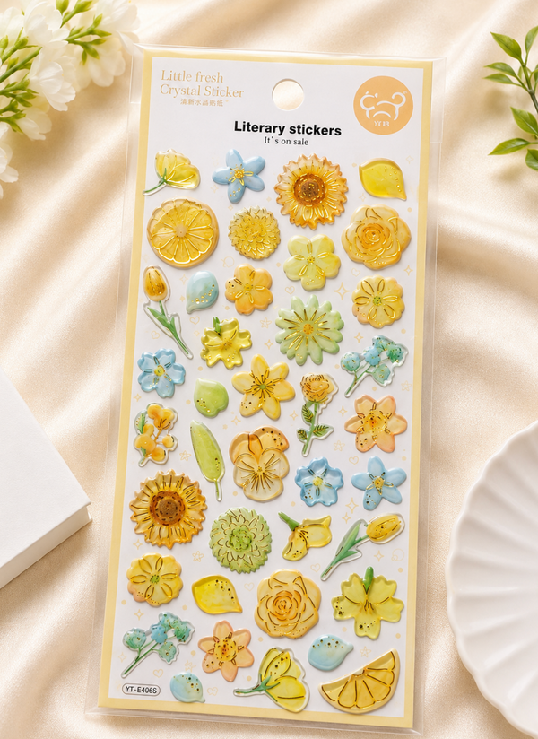 Pastel Fresh Flower Crystal Sticker Sheet – Floral & Botanical Decorative Stickers