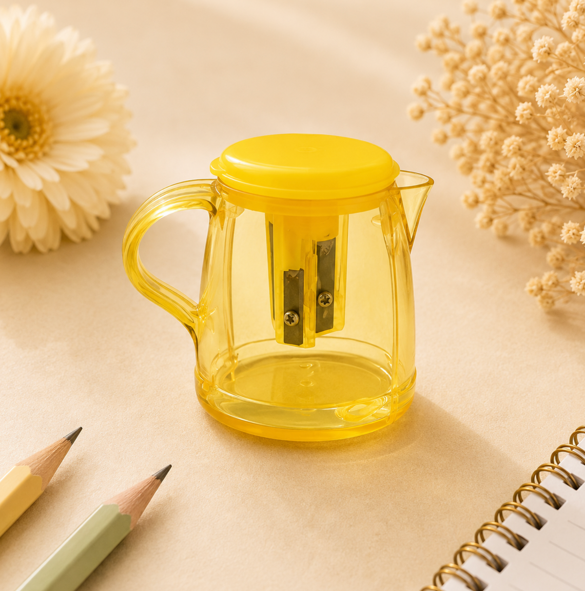 Transparent Yellow Manual Pencil Sharpener with Large Shavings Container
