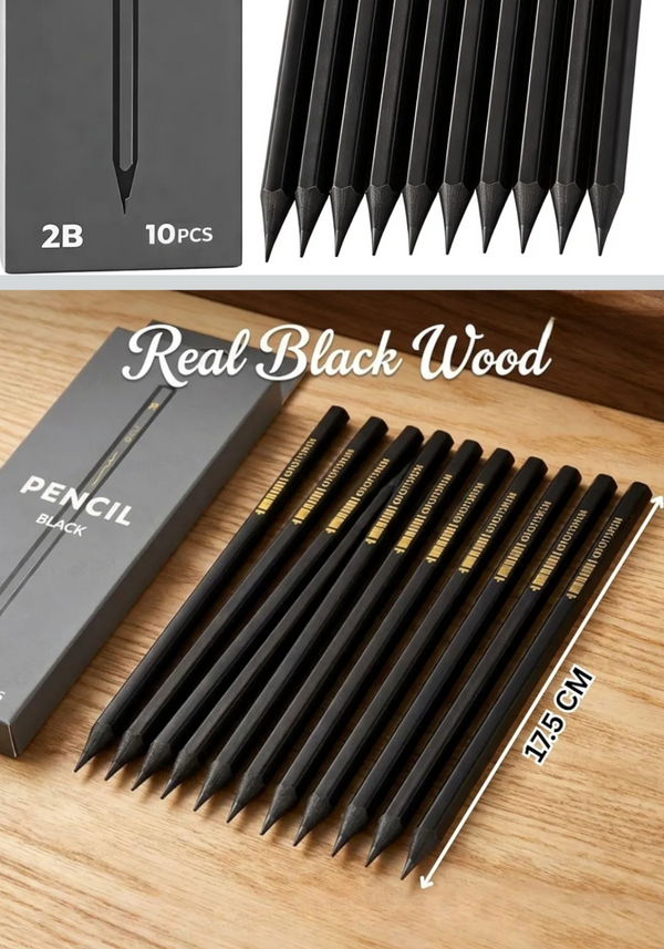 10-Piece 2B Real Black Wood Pencils – Premium Black Wooden Graphite Pencils, 17.5 cm