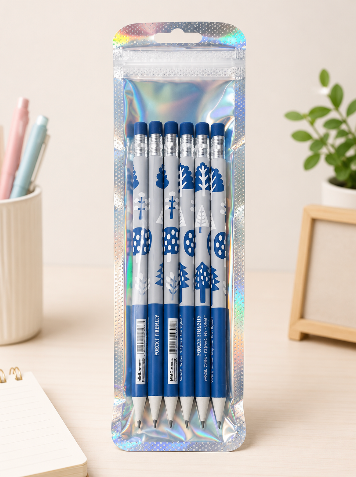 Forest Friends Blue Woodland Pencils with Erasers – Pack of 6