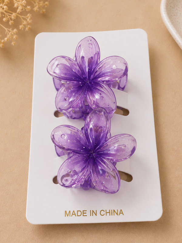 Purple Glitter Flower Hair Clips – Set of 2