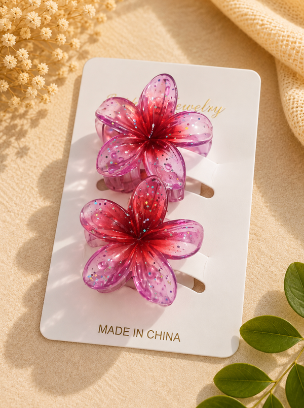Pink Glitter Flower Hair Clips – Set of 2