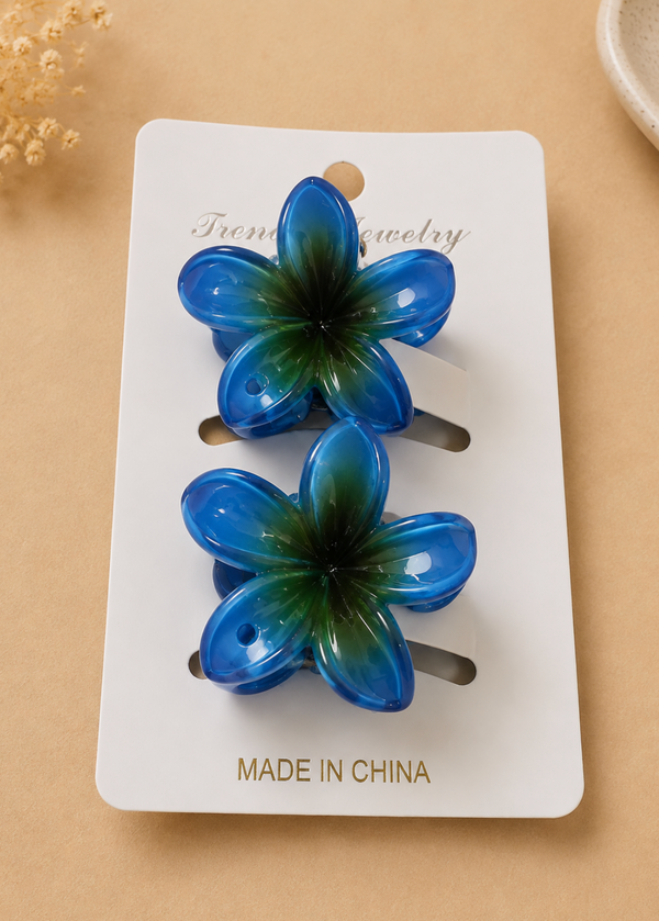 Blue & Green Flower Hair Clips – Set of 2