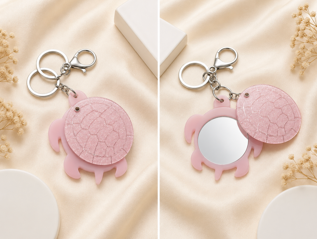 Cute Pink Turtle Pocket Mirror Keychain