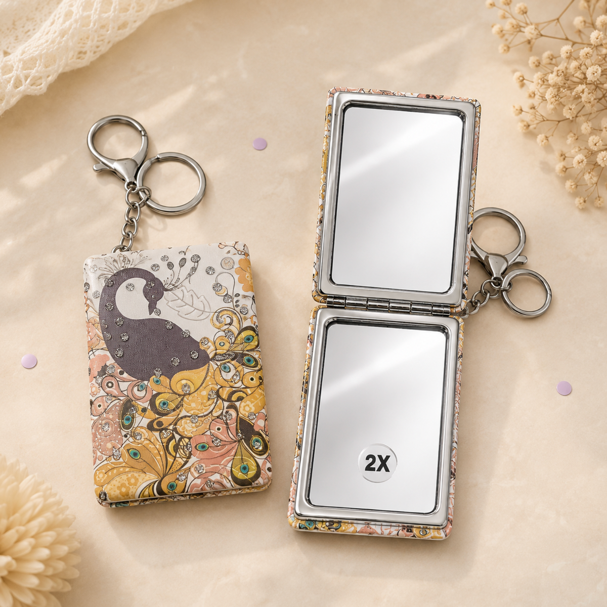 Peacock 2X Pocket Mirror Keychain