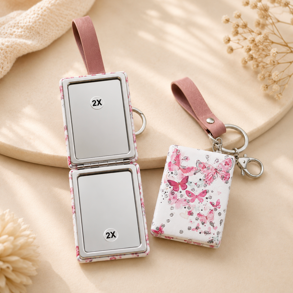 Pink Butterfly 2X Pocket Mirror Keychain
