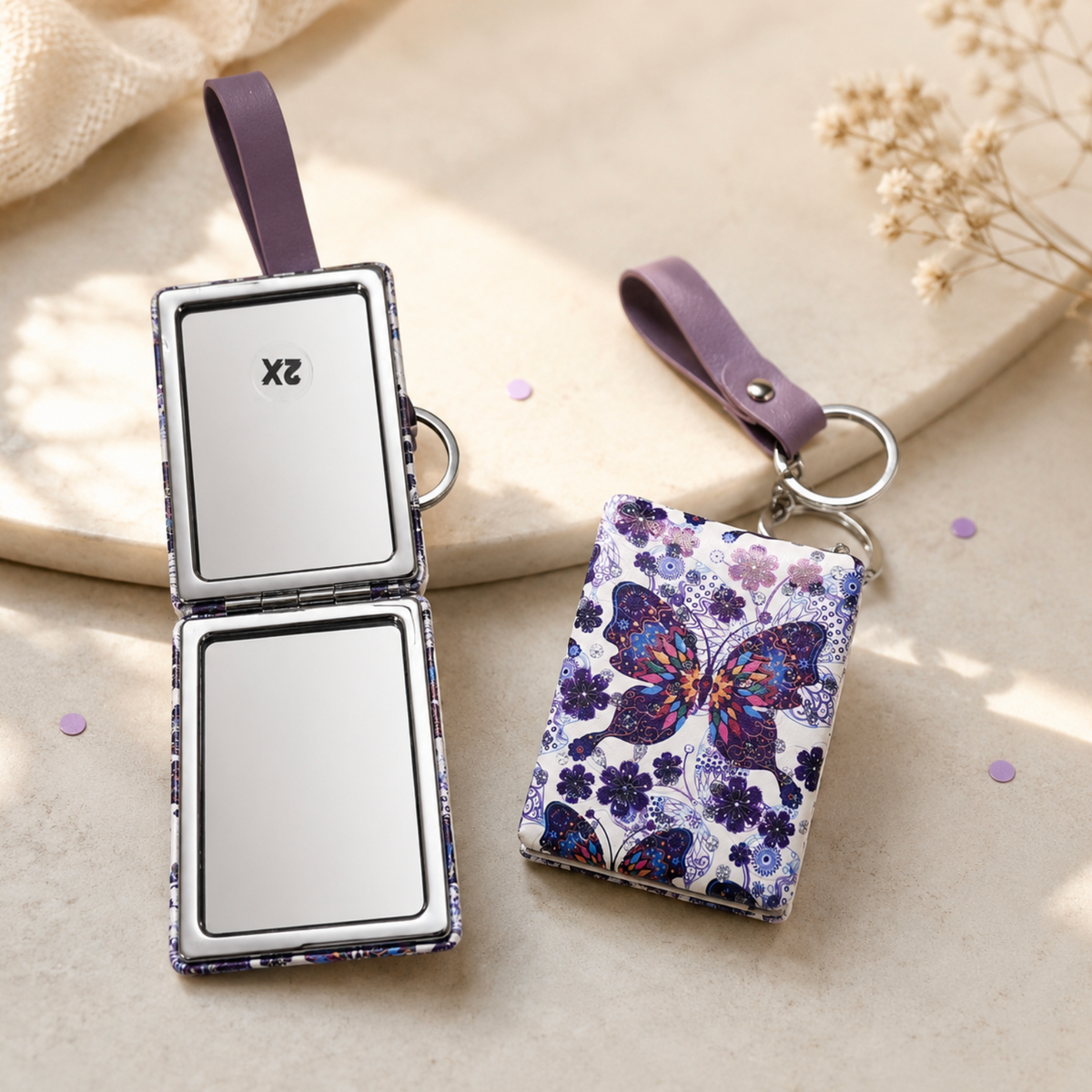 Floral Butterfly Pocket Mirror Keychain