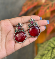Silver-Plated Artificial Stones Studded Oxidised Contemporary Drop Earrings