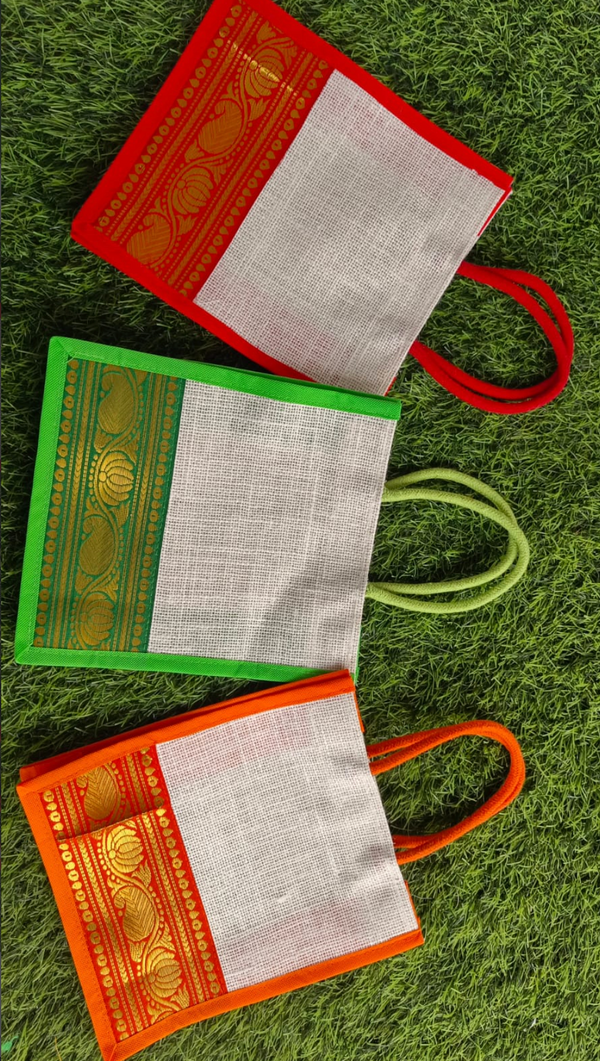Traditional Jute Gift Bag with Golden Border | Reusable Eco-Friendly Return Gift & Shopping Tote