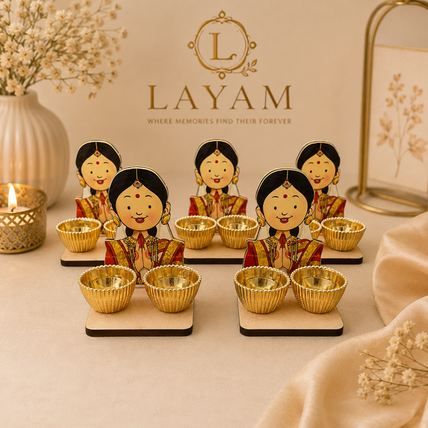 Traditional Indian Couple Tea Light Candle Holder Set – Wooden Decorative Diya Stand for Diwali, Pooja & Home Décor
